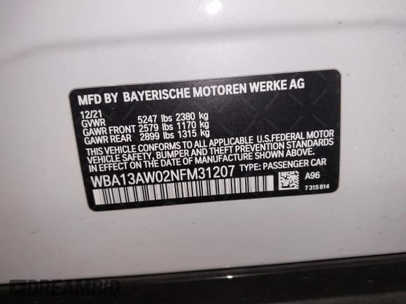 ✅ 2022 BMW 4 Series M440i xDrive • VIN: WBA13AW02NFM31207 • Lot: 43516906. Listed on IAAI with 21,680 mi. Free auction sales archive from the USA and detailed vehicle history report at DreamBid. Image 9.