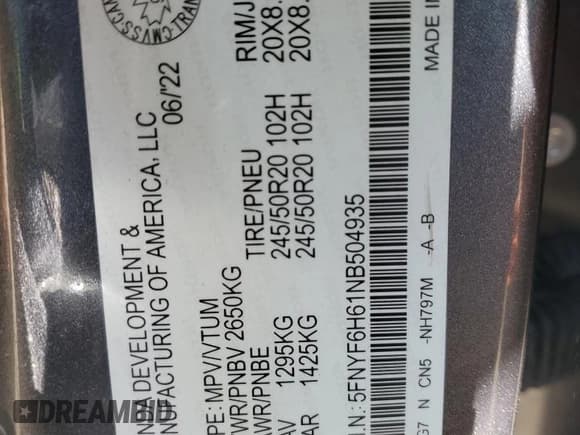 ✅ 2022 Honda Pilot Touring 7-Passenger • VIN: 5FNYF6H61NB504935 • Lot: 51186805. Listed on Copart with 99,373 mi. Free auction sales archive from the USA and detailed vehicle history report at DreamBid. Image 13.