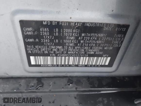 ✅ 2013 Subaru Outback Premium • VIN: 4S4BRCCCXD3279138 • Lot: 43723921. Listed on IAAI with 89,999 mi. Free auction sales archive from the USA and detailed vehicle history report at DreamBid. Image 9.