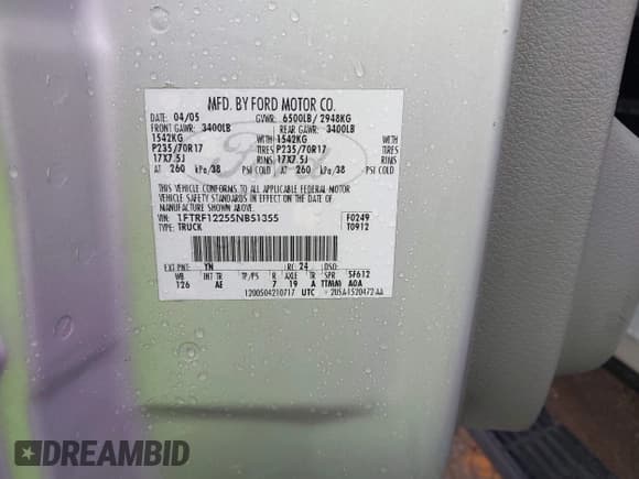 ✅ 2005 Ford F-150 XL • VIN: 1FTRF12255NB51355 • Lot: 43797826. Wystawiony na IAAI z przebiegiem 186 078 mil. Bezpłatny archiwum sprzedaży aukcyjnych z USA i szczegółowy raport historii pojazdu na DreamBid. Zdjęcie 9.