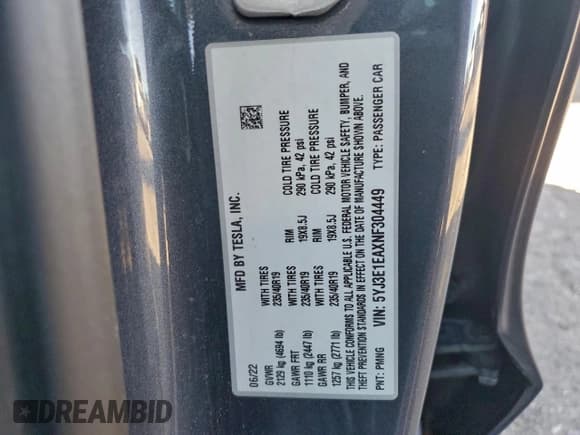 ✅ 2022 Tesla Model 3 • VIN: 5YJ3E1EAXNF304449 • Lot: 94233905. Wystawiony na Copart z przebiegiem 140 837 mil. Bezpłatny archiwum sprzedaży aukcyjnych z USA i szczegółowy raport historii pojazdu na DreamBid. Zdjęcie 12.