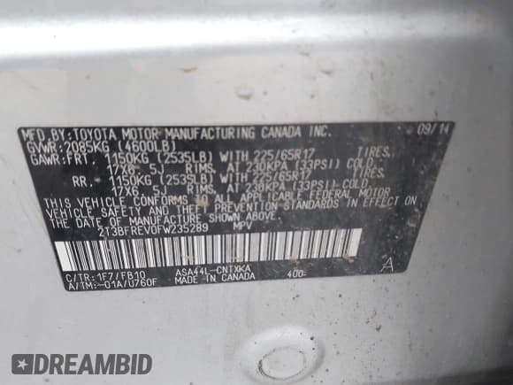 ✅ 2015 Toyota RAV4 LE • VIN: 2T3BFREV0FW235289 • Lot: 43515444. Listed on IAAI with 120,325 mi. Free auction sales archive from the USA and detailed vehicle history report at DreamBid. Image 9.