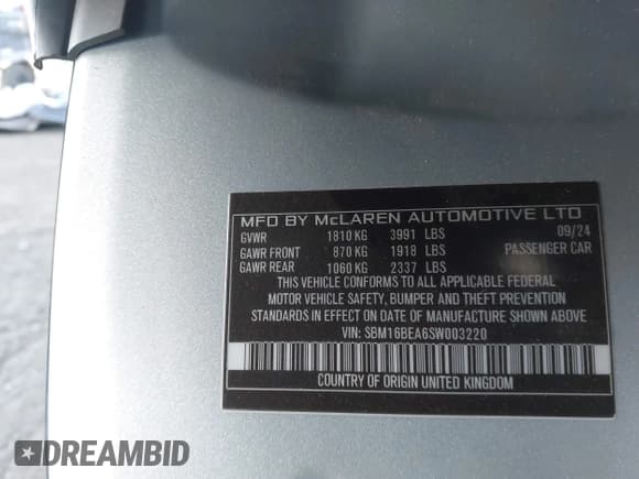 ✅ 2025 McLaren Artura • VIN: SBM16BEA6SW003220 • Лот: 41958982. Опубликован ранее на IAAI с пробегом 1 378 миль. Бесплатный доступ к архиву аукционных продаж из США и подробный отчёт об истории автомобиля на DreamBid. Изображение 9.