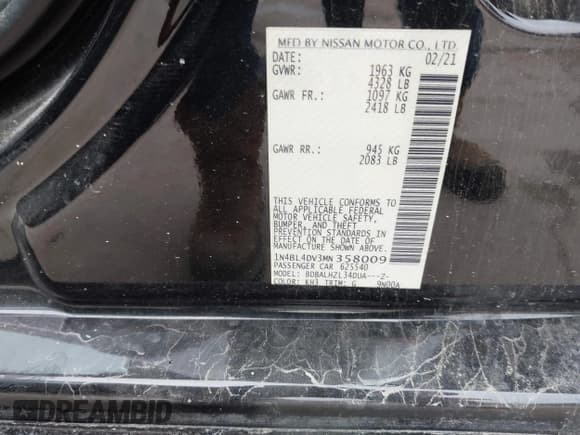 ✅ 2021 Nissan Altima SV • VIN: 1N4BL4DV3MN358009 • Lot: 43842006. Wystawiony na IAAI z przebiegiem 128 455 mil. Bezpłatny archiwum sprzedaży aukcyjnych z USA i szczegółowy raport historii pojazdu na DreamBid. Zdjęcie 9.