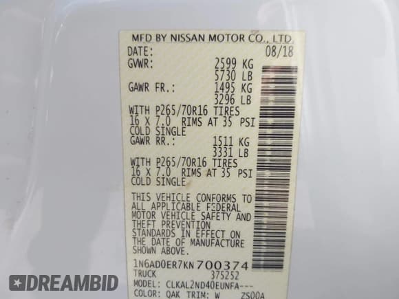 ✅ 2019 Nissan Frontier SV • VIN: 1N6AD0ER7KN700374 • Lot: 43617777. Listed on IAAI with 59,624 mi. Free auction sales archive from the USA and detailed vehicle history report at DreamBid. Image 9.