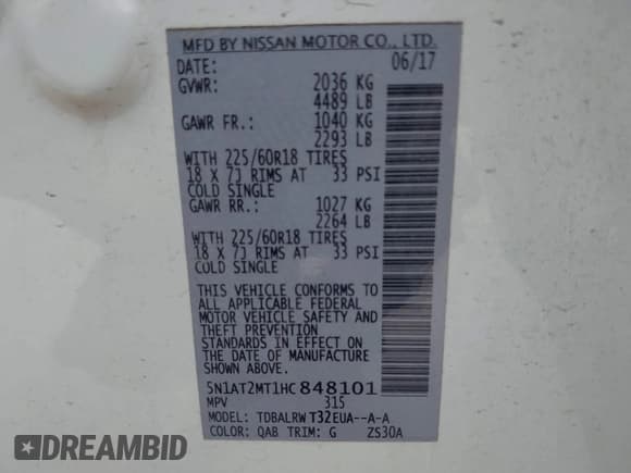 ✅ 2017 Nissan Rogue SV • VIN: 5N1AT2MT1HC848101 • Lot: 41944456. Listed on IAAI with 52,294 mi. Free auction sales archive from the USA and detailed vehicle history report at DreamBid. Image 9.