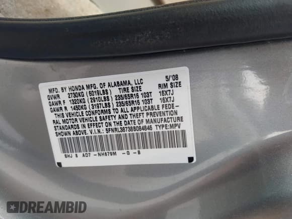 ✅ 2008 Honda Odyssey EX-L • VIN: 5FNRL38738B084846 • Lot: 43088119. Listed on IAAI with 198,113 mi. Free auction sales archive from the USA and detailed vehicle history report at DreamBid. Image 9.