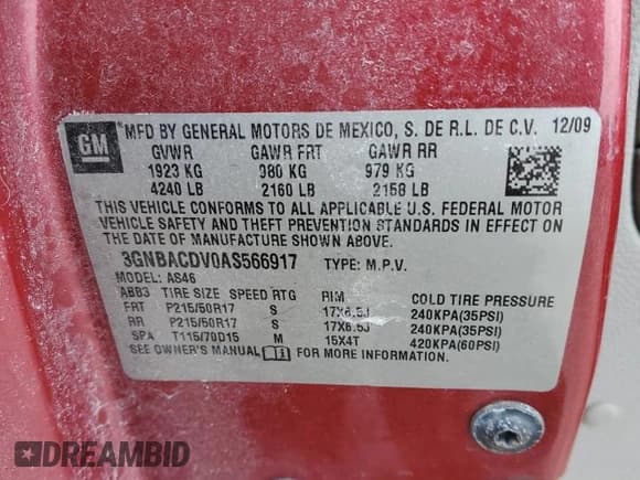 ✅ 2010 Chevrolet HHR 2LT • VIN: 3GNBACDV0AS566917 • Lot: 45459585. Listed on Copart with 102,846 mi. Free auction sales archive from the USA and detailed vehicle history report at DreamBid. Image 12.