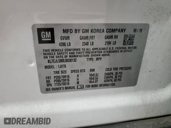 2020 Chevrolet Trax LT with VIN KL7CJLSB0LB030132, listed as a Copart auction lot 90516535 with 89,566 mi miles and Clean title. Bid and sale history available at DreamBid. Image 12.