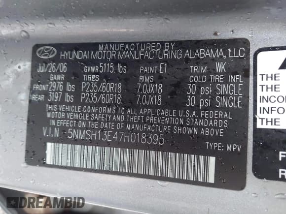 ✅ 2007 Hyundai Santa Fe SE • VIN: 5NMSH13E47H018395 • Лот: 43696285. Опубликован ранее на IAAI с пробегом 125 862 миль. Бесплатный доступ к архиву аукционных продаж из США и подробный отчёт об истории автомобиля на DreamBid. Изображение 9.