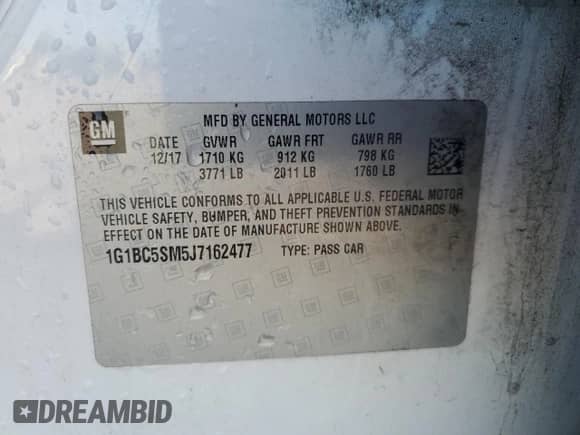 2018 Chevrolet Cruze LS z VIN 1G1BC5SM5J7162477, wystawiony jako Copart lot #84434695 z przebiegiem 69 588 mil mil oraz Szkoda całkowita • Salvage title. Historia ofert i sprzedaży dostępna na DreamBid. Obrazek 12.