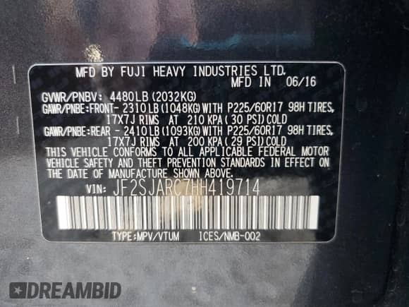 2017 Subaru Forester Limited with VIN JF2SJARC7HH419714, listed as a Copart auction lot 86193765 with 137,110 mi miles and Salvage title. Bid and sale history available at DreamBid. Image 14.