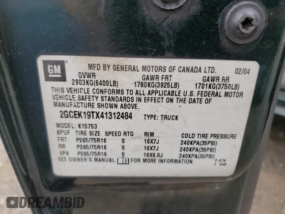 ✅ 2004 Chevrolet Silverado 1500 Z71 • VIN: 2GCEK19TX41312484 • Лот: 71216824. Опубликован ранее на Copart с пробегом 103 749 миль. Бесплатный доступ к архиву аукционных продаж из США и подробный отчёт об истории автомобиля на DreamBid. Изображение 12.