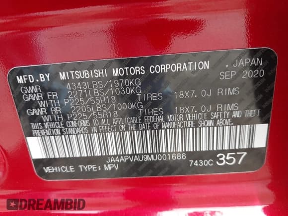 ✅ 2021 Mitsubishi Outlander SE • VIN: JA4APVAU9MU001686 • Lot: 43558244. Listed on IAAI with 60,061 mi. Free auction sales archive from the USA and detailed vehicle history report at DreamBid. Image 9.