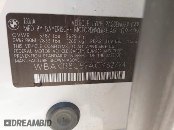 ✅ 2010 BMW 7 Series 750Li • VIN: WBAKB8C52ACY62724 • Lot: 43810543. Listed on IAAI with 148,337 mi. Free auction sales archive from the USA and detailed vehicle history report at DreamBid. Image 9.