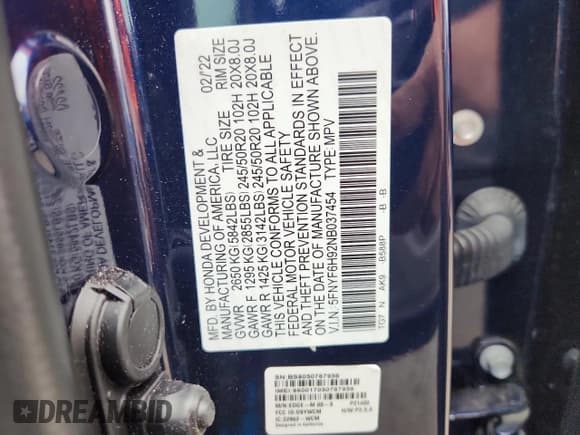 ✅ 2022 Honda Pilot Touring 8-Passenger • VIN: 5FNYF6H92NB037454 • Lot: 67773985. Listed on Copart with 30,717 mi. Free auction sales archive from the USA and detailed vehicle history report at DreamBid. Image 13.