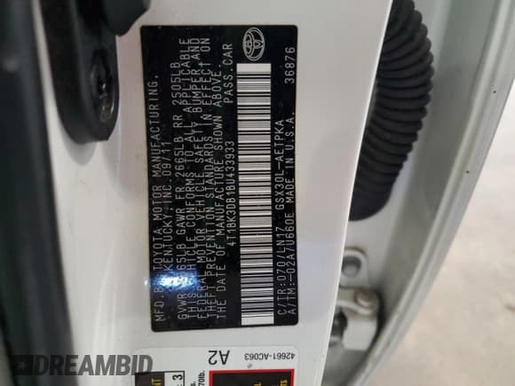 ✅ 2011 Toyota Avalon Limited • VIN: 4T1BK3DB1BU433933 • Lot: 90265225. Listed on Copart with 106,345 mi. Free auction sales archive from the USA and detailed vehicle history report at DreamBid. Image 12.