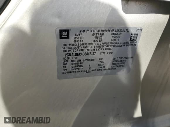 ✅ 2013 Chevrolet Equinox LS • VIN: 2GNALBEK4D6417157 • Лот: 71549034. Опубликован ранее на Copart с пробегом 89 940 миль. Бесплатный доступ к архиву аукционных продаж из США и подробный отчёт об истории автомобиля на DreamBid. Изображение 13.