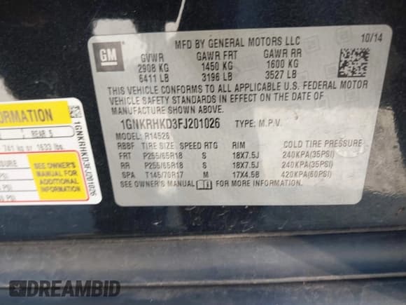 ✅ 2015 Chevrolet Traverse LT • VIN: 1GNKRHKD3FJ201026 • Lot: 41192598. Listed on IAAI with 203,955 mi. Free auction sales archive from the USA and detailed vehicle history report at DreamBid. Image 9.