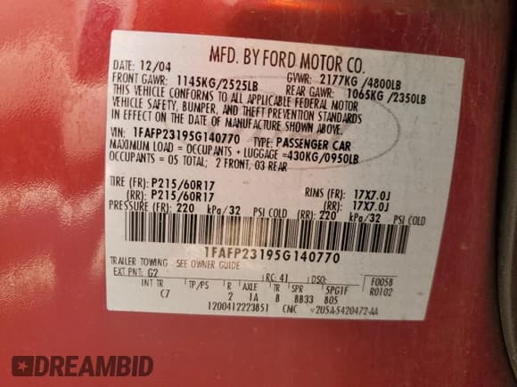 ✅ 2005 Ford Five Hundred SE • VIN: 1FAFP23195G140770 • Lot: 61220795. Wystawiony na Copart z przebiegiem 189 154 mil. Bezpłatny archiwum sprzedaży aukcyjnych z USA i szczegółowy raport historii pojazdu na DreamBid. Zdjęcie 12.