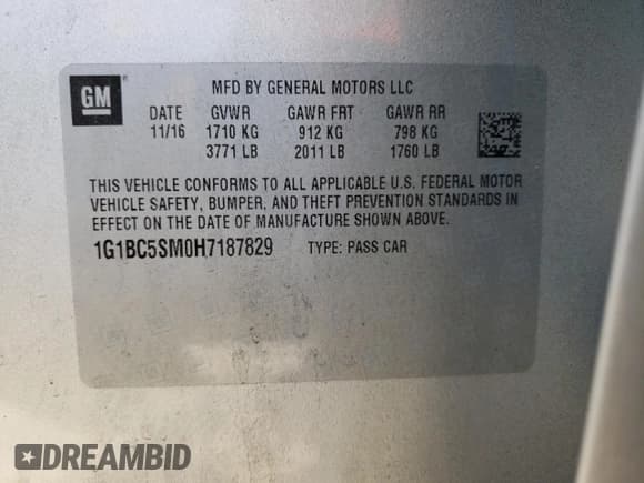 ✅ 2017 Chevrolet Cruze LS • VIN: 1G1BC5SM0H7187829 • Lot: 49015183. Listed on Copart with 51,109 mi. Free auction sales archive from the USA and detailed vehicle history report at DreamBid. Image 14.