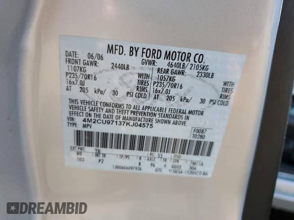 2007 Mercury Mariner Premier с VIN 4M2CU97137KJ04575, выставлен на аукционе Copart как лот 70735655 с пробегом 91 350 миль миль и Списание • Salvage title. История ставок и продаж доступна на DreamBid. Изображение 13.