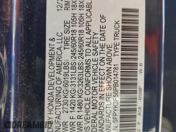 ✅ 2023 Honda Ridgeline RTL • VIN: 5FPYK3F56PB014781 • Lot: 56592475. Listed on Copart with 54,769 mi. Free auction sales archive from the USA and detailed vehicle history report at DreamBid. Image 13.