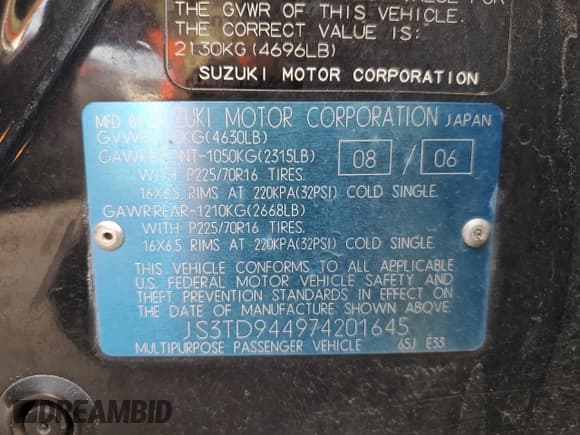 ✅ 2007 Suzuki Grand Vitara XSport • VIN: JS3TD944974201645 • Lot: 52810205. Listed on Copart with 254,761 mi. Free auction sales archive from the USA and detailed vehicle history report at DreamBid. Image 13.