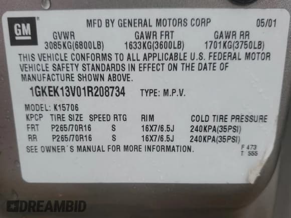 ✅ 2001 GMC Yukon SLT • VIN: 1GKEK13V01R208734 • Лот: 59297534. Опубликован ранее на Copart с пробегом 216 936 миль. Бесплатный доступ к архиву аукционных продаж из США и подробный отчёт об истории автомобиля на DreamBid. Изображение 13.