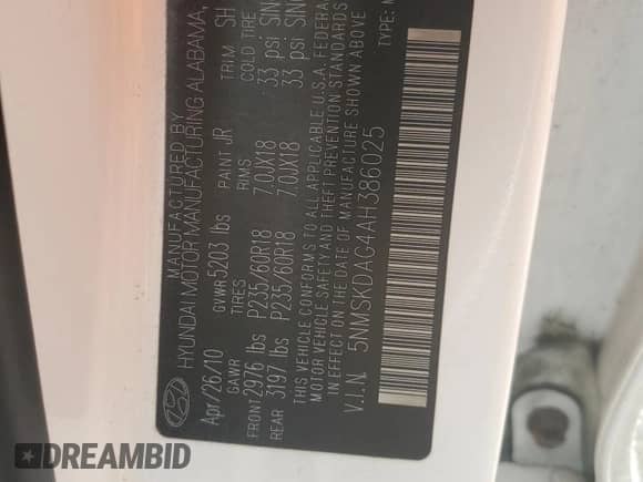 2010 Hyundai Santa Fe Limited z VIN 5NMSKDAG4AH386025, wystawiony jako Copart lot #65951204 z przebiegiem 36 211 mil mil oraz Szkoda całkowita • Salvage title. Historia ofert i sprzedaży dostępna na DreamBid. Obrazek 13.