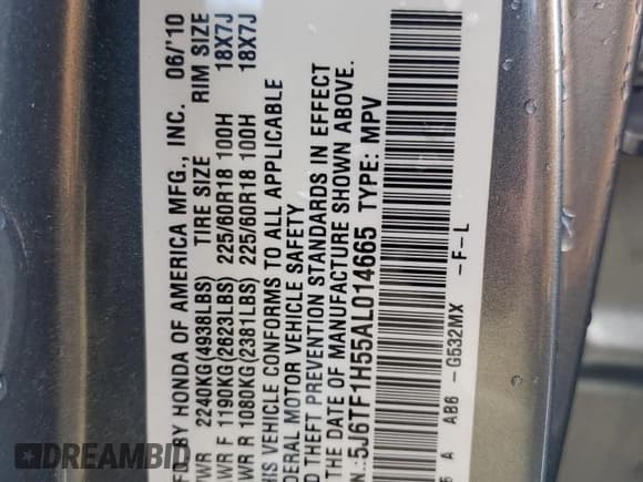 ✅ 2010 Honda Crosstour EX-L • VIN: 5J6TF1H55AL014665 • Lot: 63265375. Wystawiony na Copart z przebiegiem 192 070 mil. Bezpłatny archiwum sprzedaży aukcyjnych z USA i szczegółowy raport historii pojazdu na DreamBid. Zdjęcie 12.
