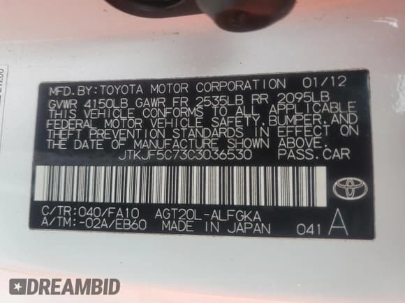 ✅ 2012 Scion tC • VIN: JTKJF5C73C3036530 • Lot: 82428365. Listed on Copart with 108,458 mi. Free auction sales archive from the USA and detailed vehicle history report at DreamBid. Image 12.