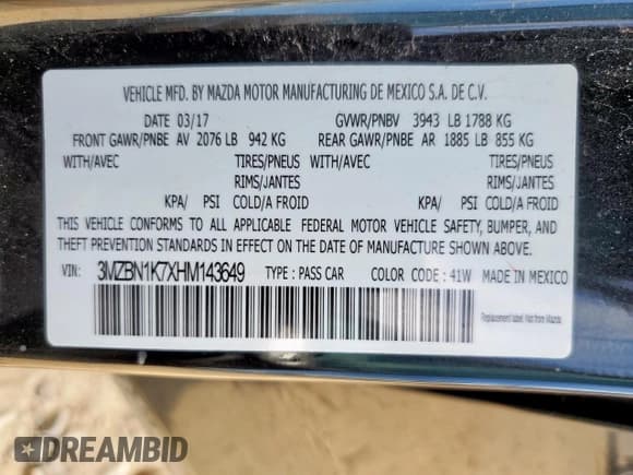 ✅ 2017 Mazda 3 Sport • VIN: 3MZBN1K7XHM143649 • Lot: 83872685. Listed on Copart with 91,851 mi. Free auction sales archive from the USA and detailed vehicle history report at DreamBid. Image 13.