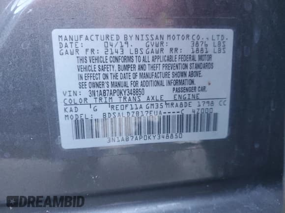 ✅ 2019 Nissan Sentra SV • VIN: 3N1AB7AP0KY348850 • Лот: 90331155. Опубликован ранее на Copart с пробегом 86 931 миль. Бесплатный доступ к архиву аукционных продаж из США и подробный отчёт об истории автомобиля на DreamBid. Изображение 12.