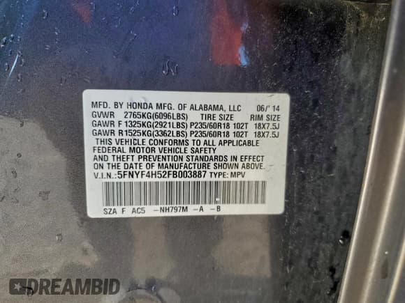 ✅ 2015 Honda Pilot EX-L • VIN: 5FNYF4H52FB003887 • Lot: 94680905. Listed on Copart with 172,770 mi. Free auction sales archive from the USA and detailed vehicle history report at DreamBid. Image 13.