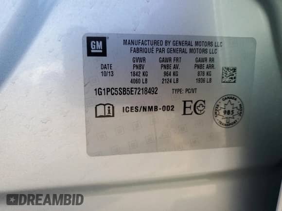 2014 Chevrolet Cruze 1LT with VIN 1G1PC5SB5E7218492, listed as a Copart auction lot 70284915 with 170,608 mi miles and Salvage title. Bid and sale history available at DreamBid. Image 12.