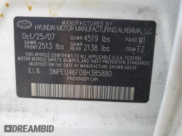 2008 Hyundai Sonata SE with VIN 5NPEU46F08H385880, listed as a Copart auction lot 67076544 with 124,138 mi miles and Salvage title. Bid and sale history available at DreamBid. Image 15.