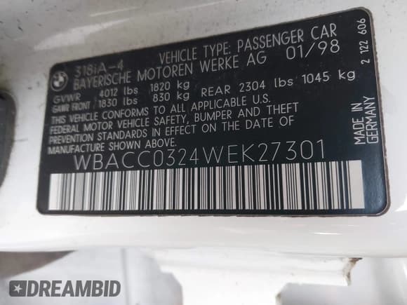 ✅ 1998 BMW 3 Series 318i • VIN: WBACC0324WEK27301 • Лот: 43749666. Опубликован ранее на IAAI с пробегом 224 555 миль. Бесплатный доступ к архиву аукционных продаж из США и подробный отчёт об истории автомобиля на DreamBid. Изображение 9.