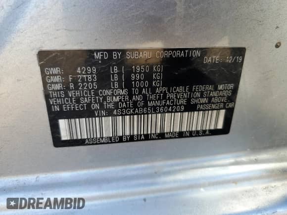 2020 Subaru Impreza with VIN 4S3GKAB65L3604209, listed as a Copart auction lot 68559425 with 89,955 mi miles and Clean title. Bid and sale history available at DreamBid. Image 12.