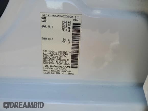 ✅ 2021 Nissan Altima SV • VIN: 1N4BL4DV5MN367729 • Lot: 86502485. Listed on Copart with 69,188 mi. Free auction sales archive from the USA and detailed vehicle history report at DreamBid. Image 12.