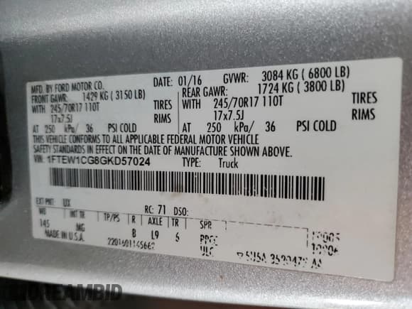 ✅ 2016 Ford F-150 XL • VIN: 1FTEW1CG8GKD57024 • Лот: 68857155. Опубликован ранее на Copart с пробегом 103 968 миль. Бесплатный доступ к архиву аукционных продаж из США и подробный отчёт об истории автомобиля на DreamBid. Изображение 12.