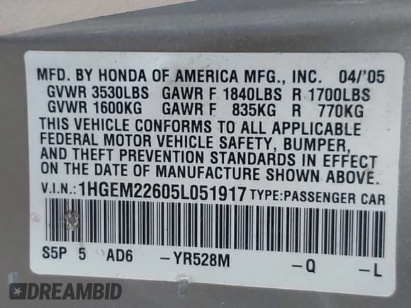 ✅ 2005 Honda Civic LX SSRS • VIN: 1HGEM22605L051917 • Lot: 43723755. Wystawiony na IAAI z przebiegiem 87 624 mil. Bezpłatny archiwum sprzedaży aukcyjnych z USA i szczegółowy raport historii pojazdu na DreamBid. Zdjęcie 9.