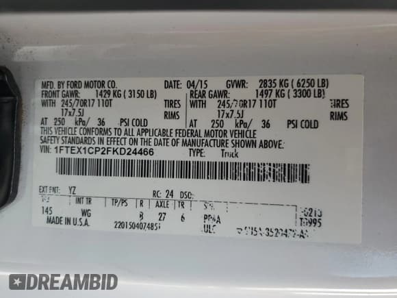 ✅ 2015 Ford F-150 XL • VIN: 1FTEX1CP2FKD24466 • Lot: 63043515. Wystawiony na Copart z przebiegiem 156 306 mil. Bezpłatny archiwum sprzedaży aukcyjnych z USA i szczegółowy raport historii pojazdu na DreamBid. Zdjęcie 13.