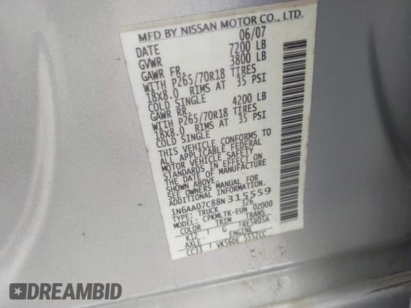 ✅ 2008 Nissan Titan XE • VIN: 1N6AA07C88N315559 • Lot: 42288837. Wystawiony na IAAI z przebiegiem 239 659 mil. Bezpłatny archiwum sprzedaży aukcyjnych z USA i szczegółowy raport historii pojazdu na DreamBid. Zdjęcie 9.