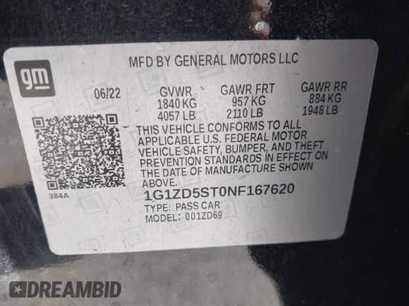 2022 Chevrolet Malibu LT with VIN 1G1ZD5ST0NF167620, listed as a IAAI auction lot 43204933 with 83,542 mi miles and . Bid and sale history available at DreamBid. Image 9.