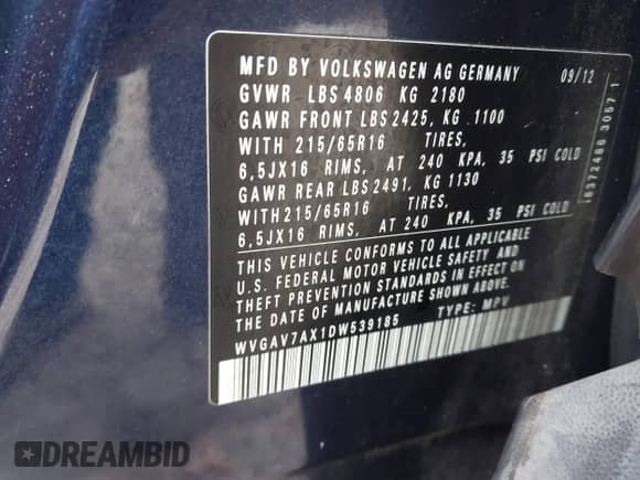 2013 Volkswagen Tiguan S с VIN WVGAV7AX1DW539185, выставлен на аукционе IAAI как лот 43593586 с пробегом 169 057 миль миль и . История ставок и продаж доступна на DreamBid. Изображение 9.