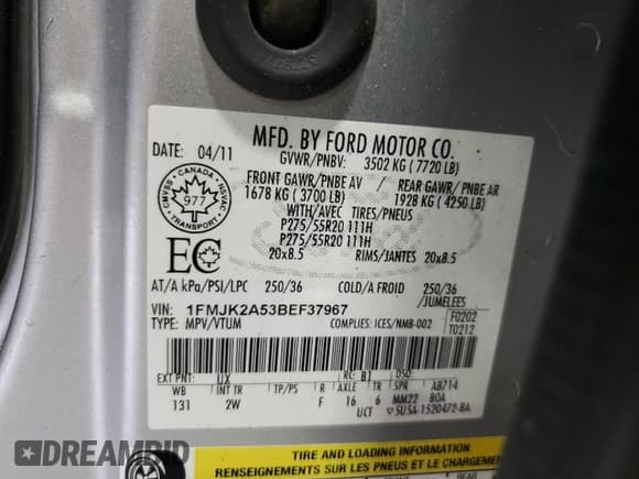 ✅ 2011 Ford Expedition Max Limited • VIN: 1FMJK2A53BEF37967 • Lot: 59922295. Listed on Copart with 212,443 mi. Free auction sales archive from the USA and detailed vehicle history report at DreamBid. Image 13.