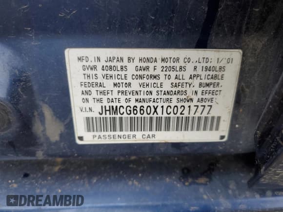 ✅ 2001 Honda Accord EX • VIN: JHMCG660X1C021777 • Lot: 44363095. Listed on Copart with 220,731 mi. Free auction sales archive from the USA and detailed vehicle history report at DreamBid. Image 12.