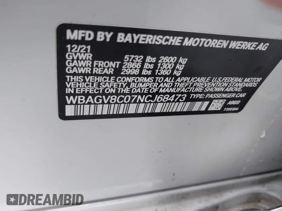 ✅ 2022 BMW 8 Series M850i • VIN: WBAGV8C07NCJ68473 • Lot: 41153583. Listed on IAAI with 4,150 mi. Free auction sales archive from the USA and detailed vehicle history report at DreamBid. Image 9.