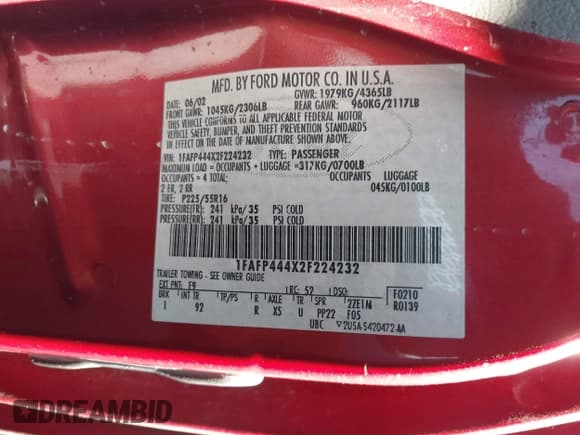 ✅ 2002 Ford Mustang Deluxe • VIN: 1FAFP444X2F224232 • Lot: 43034007. Listed on IAAI with 193,277 mi. Free auction sales archive from the USA and detailed vehicle history report at DreamBid. Image 9.